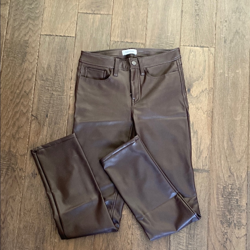 Calvin Klein Faux Leather Skinny Pants in Dark Brown